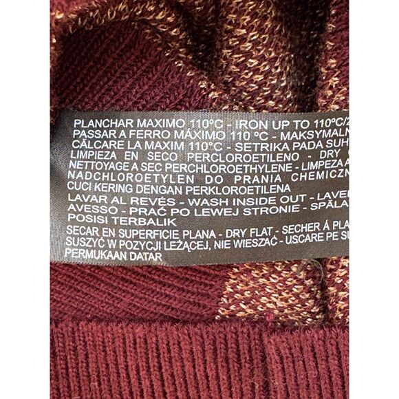 Zara Knit Jacquard V Neck Sweater Geometric Chevron Burgundy Gold S 70s Retro - Picture 8 of 10